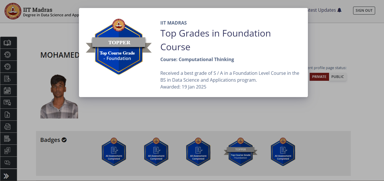 Grade A certificate for Computational Thinking course from IIT Madras